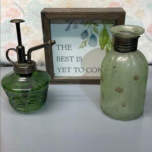 Green Glass Plant Mister and Vase Set